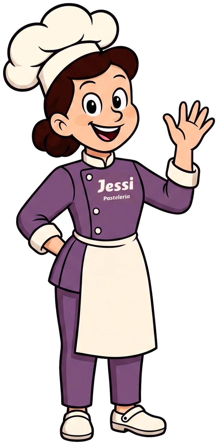Jessi, la pastelera y mascota de Jessi Pastelería, saludando