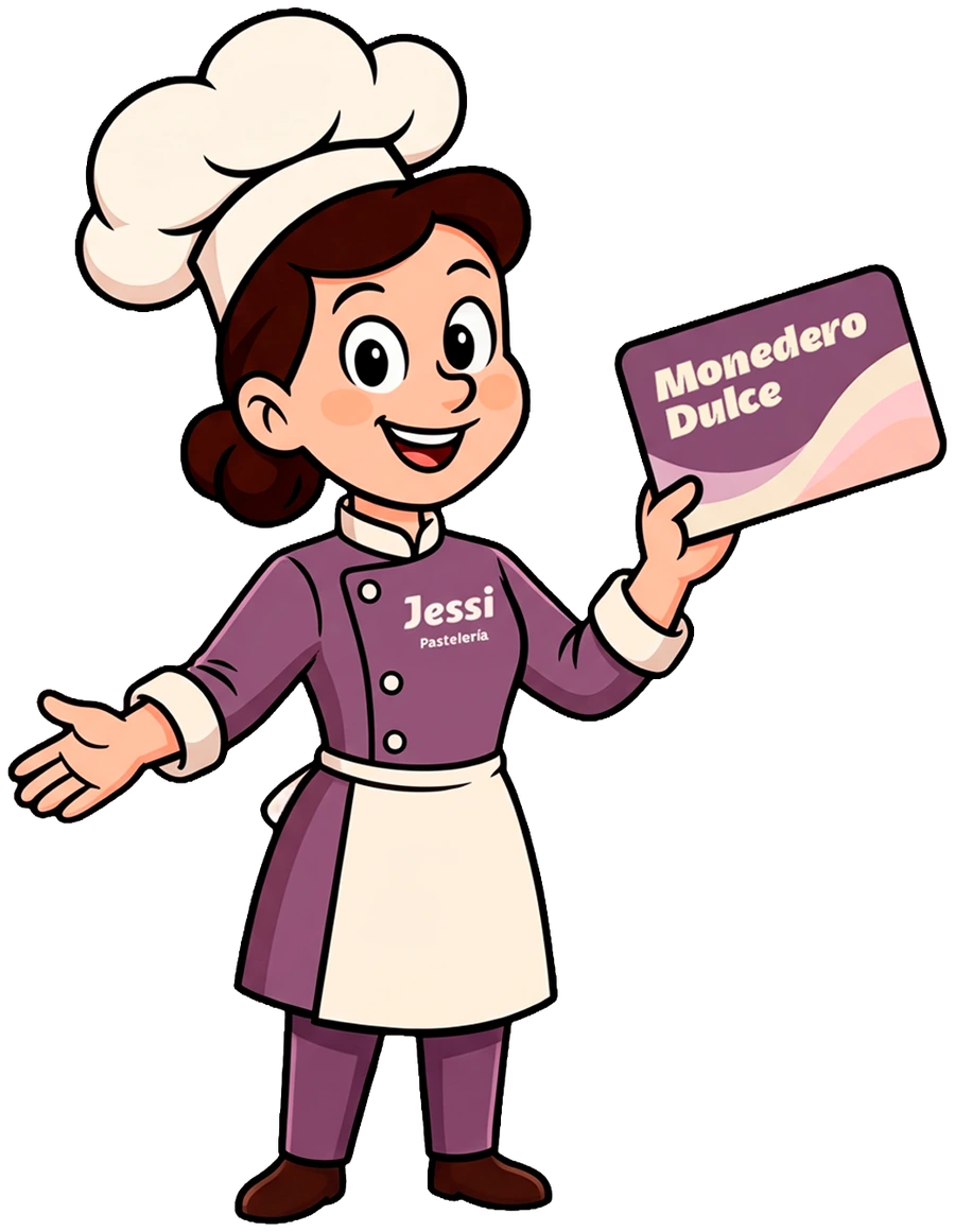 Jessi mostrando la tarjeta del Monedero Dulce
